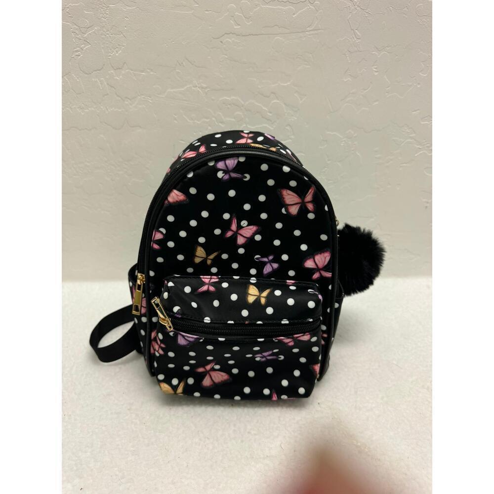 T-Shirt & Jeans Black‎ White Polka Dot Butterfly Print Pom-Pom Womens Backpack